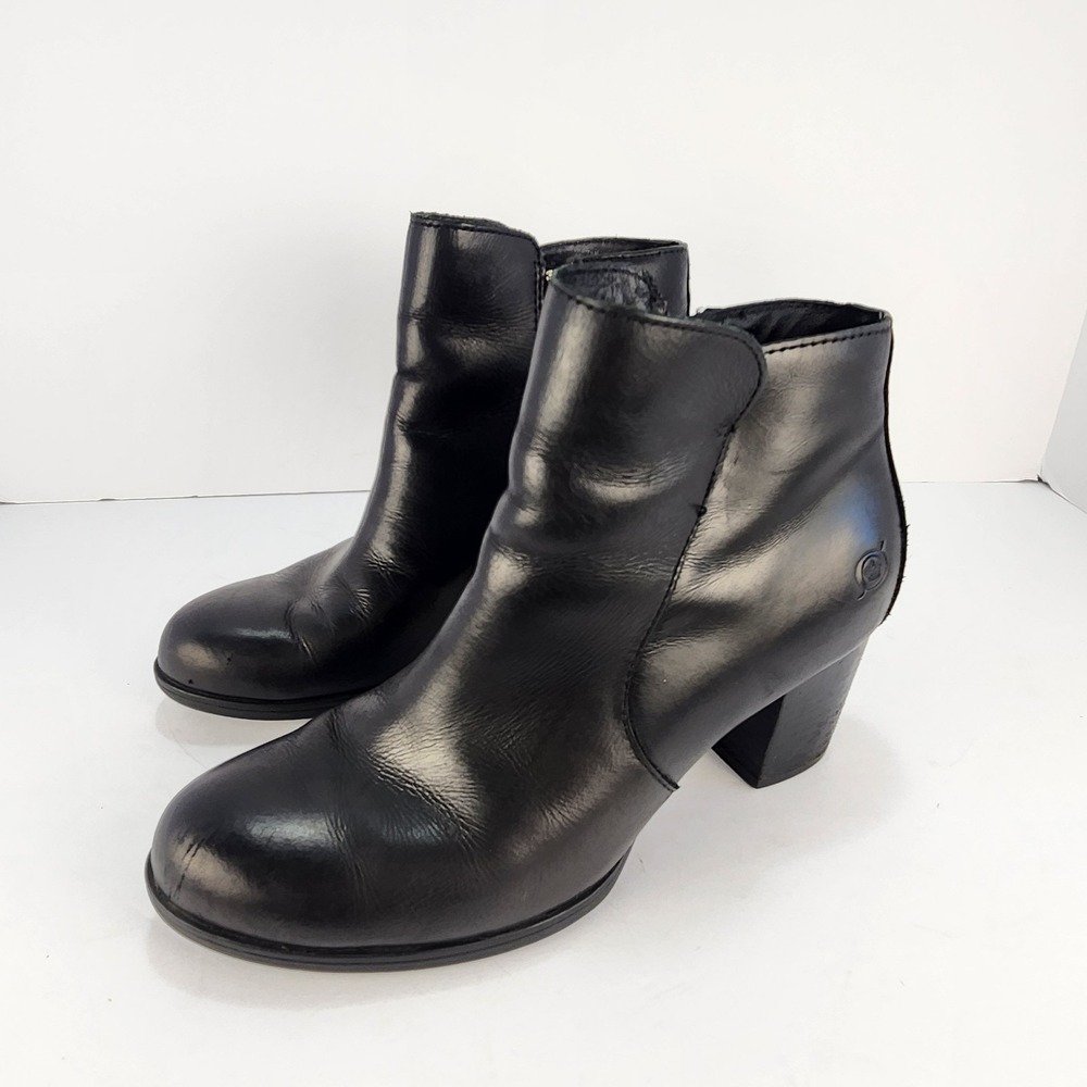 Born Women's 7.5 M Black Leather Ankle Boots Block Heel Side Zip Booties